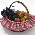 Wicker Basket With Red And White Checkered Ruffled Edge Holding Grapes Peaches And Small Bottle