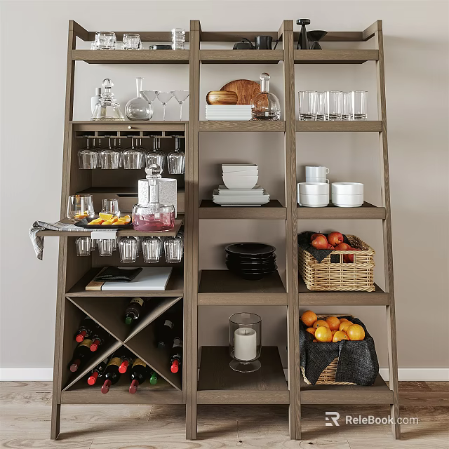 Modern Bathroom Cabinet With Storage Shelves Holding Glasses Dishes Fruits And Wine 3d model 