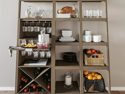 Modern Bathroom Cabinet With Storage Shelves Holding Glasses Dishes Fruits And Wine 3d model