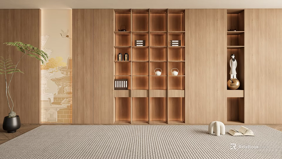 Modern Wooden Bookcase With Open Closed Shelves Holding Books Teapots And Decor In Living Room 3d model 