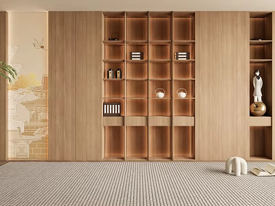 Modern Wooden Bookcase With Open Closed Shelves Holding Books Teapots And Decor In Living Room 3d model