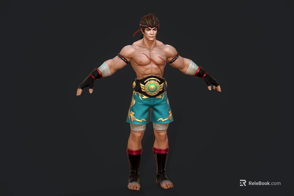 Muscular Warrior Character With Shirtless Torso Blue Patterned Shorts Golden Belt And Black Gloves 3d model 