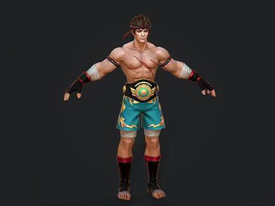 Muscular Warrior Character With Shirtless Torso Blue Patterned Shorts Golden Belt And Black Gloves 3d model