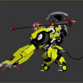 Mech Warrior Character and Yellow Black Mechanical Creature with Spear Weapon and Sharp Red Claws