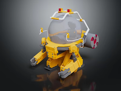 Smart Robot With Yellow Mechanical Body Transparent Dome Red Warning Lights And Radioactive Symbol Component 3d model