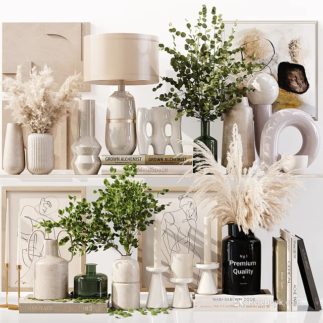 Elegant Decorative Ornament Set With Ceramic Vases Green Plants And Dried Pampas Grass 3d model 