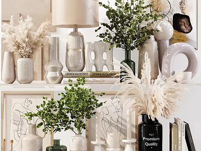 Elegant Decorative Ornament Set With Ceramic Vases Green Plants And Dried Pampas Grass 3d model