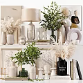 Elegant Decorative Ornament Set With Ceramic Vases Green Plants And Dried Pampas Grass
