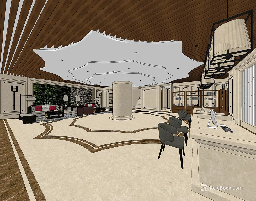 Elegant Hotel Lobby Interior With Wooden Ceiling Marble Floor And Reception Desk 3d model 