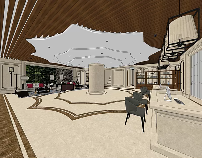 Elegant Hotel Lobby Interior With Wooden Ceiling Marble Floor And Reception Desk 3d model