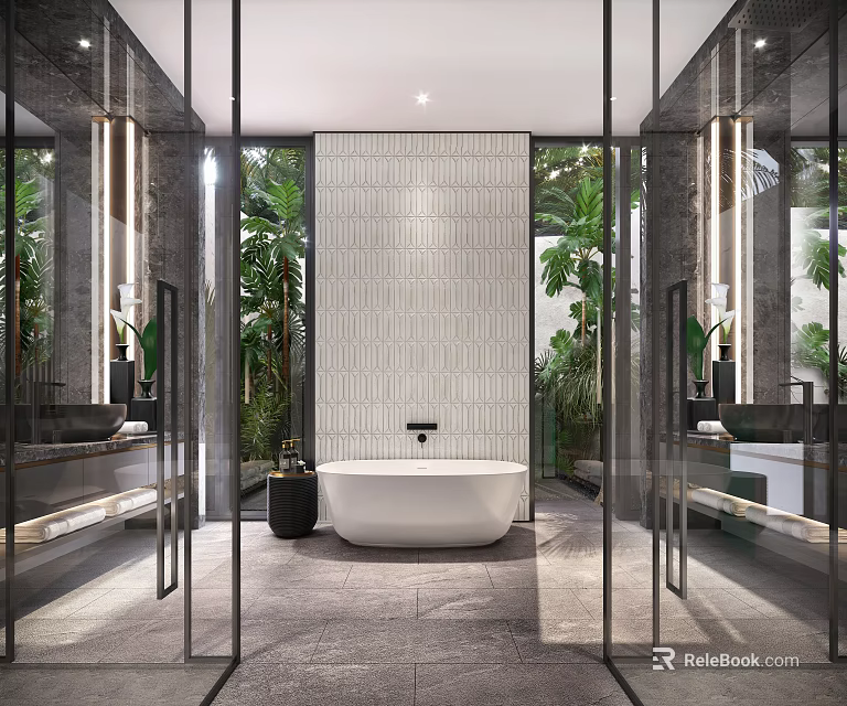 Modern Bathroom Interior Design With Glass Partitions Freestanding Bathtub Green Plants Marble Wall And Lighting 3d model 