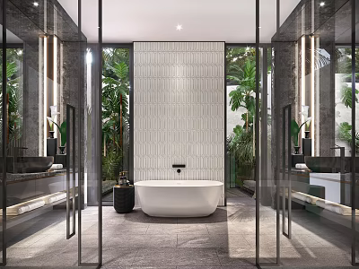 Modern Bathroom Interior Design With Glass Partitions Freestanding Bathtub Green Plants Marble Wall And Lighting 3d model