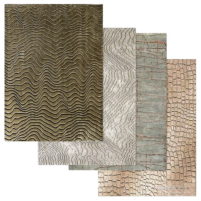 Square Rugs With Different Textured Patterns Including Wavy Wood Grid And Crocodile 3d model