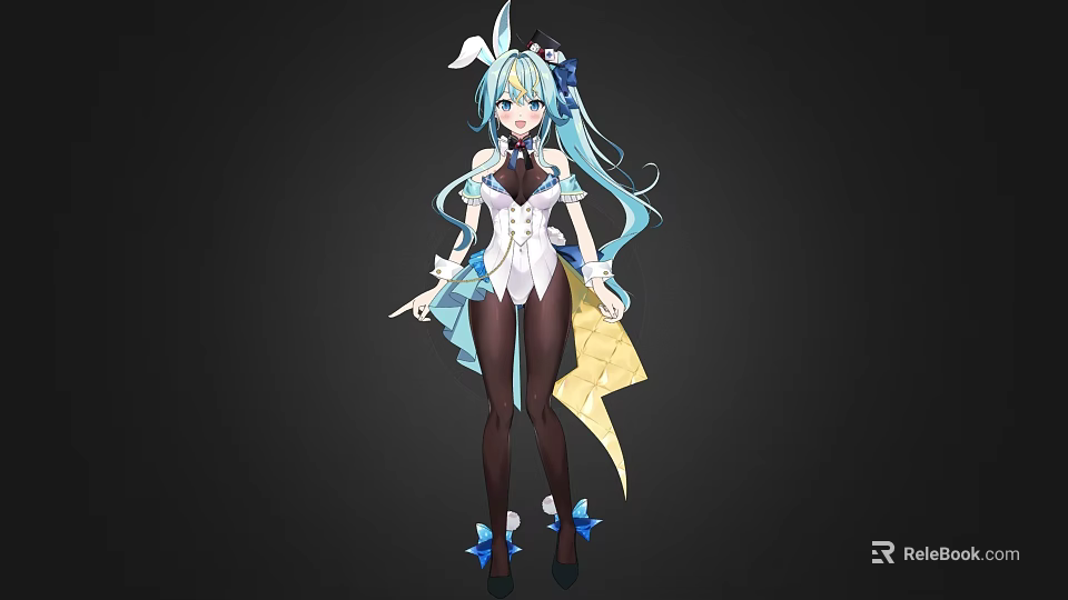 Anime Woman With Blue Green Long Hair White Blue Outfit Rabbit Ears And Black Stockings 3d model 