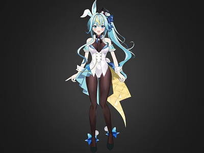 Anime Woman With Blue Green Long Hair White Blue Outfit Rabbit Ears And Black Stockings 3d model