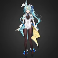 Anime Woman With Blue Green Long Hair White Blue Outfit Rabbit Ears And Black Stockings