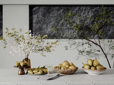 Elegant Decorative Ornament Set With Green Plants Pears And Ceramic Bowls On Tabletop 3d model