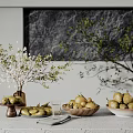 Elegant Decorative Ornament Set With Green Plants Pears And Ceramic Bowls On Tabletop