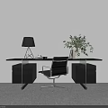 Modern Office Desk With Black Table Lamp Office Chair Green Plant And Drawers