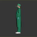 Individual in Full Green Protective Suit With Face Mask and Gloves Isolated on Dark Background 3d model