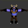 Horned Warrior 3D Character With Blue Body Yellow Orange Armor Brown Pants And Outstretched Arms
