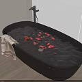 Black Bathtub With Rose Petals And Water In Modern Bathroom With Towel And Blinds
