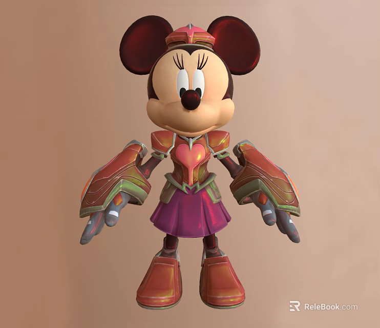 Minnie Mouse Cartoon Character In Armored Costume With Purple Skirt Red Gauntlets And Gold Accents 3d model 