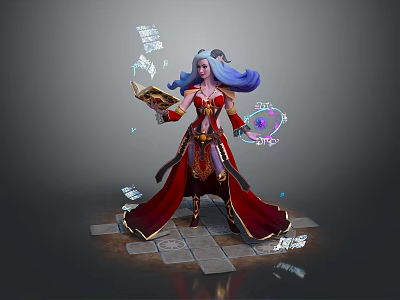 Game Fantasy Character With Blue Purple Hair Red Robe Holding Ancient Book And Magic Orb 3d model