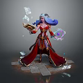 Game Fantasy Character With Blue Purple Hair Red Robe Holding Ancient Book And Magic Orb