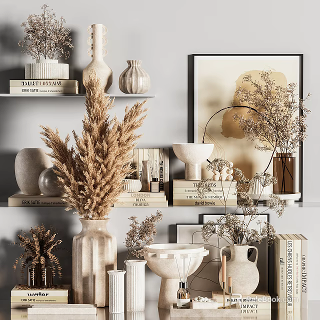 Natural Minimalist Decorative Ornament Combinations With Dried Flowers Vases And Books On Shelves 3d model 
