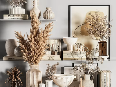 Natural Minimalist Decorative Ornament Combinations With Dried Flowers Vases And Books On Shelves 3d model