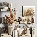 Natural Minimalist Decorative Ornament Combinations With Dried Flowers Vases And Books On Shelves