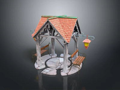 Outdoor Living Essentials Wooden Gazebo With Red Tiled Roof Stone Benches And Hanging Lantern 3d model