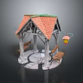 Outdoor Living Essentials Wooden Gazebo With Red Tiled Roof Stone Benches And Hanging Lantern