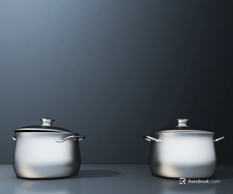 Two Silver Cooking Pots with Lids and Handles Displayed on Dark Background for Kitchenware 3d model 