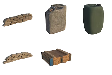Military equipment fuel tank wooden box sandbag pile water tank 3d model