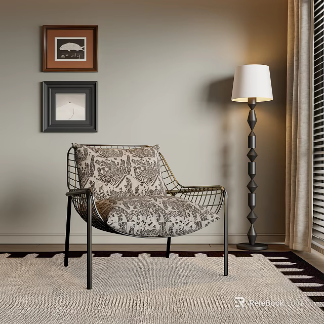 Accent Chair with Metal Frame and Patterned Cushion Near Floor Lamp Wall Art and Rug 3d model 
