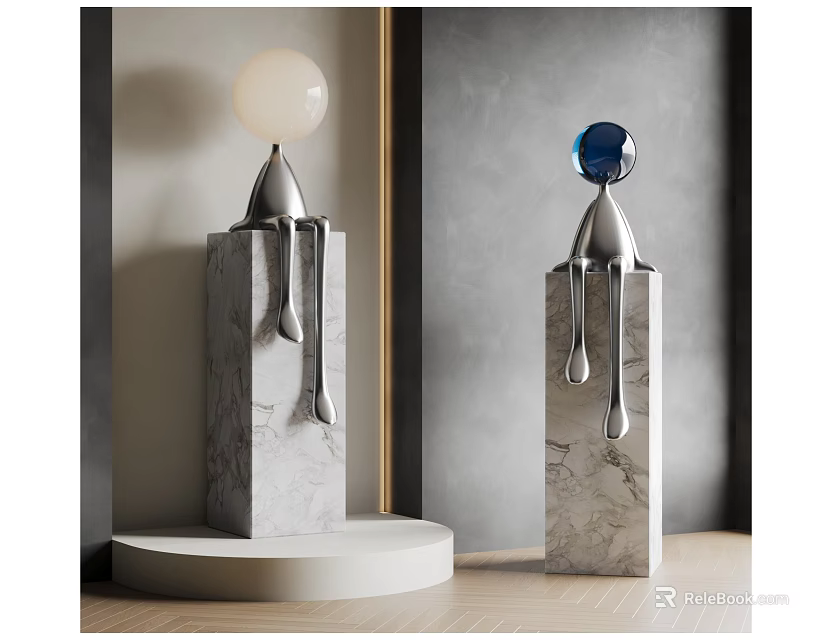 Modern Sculptural Carvings With Marble Base Metal Body And Colored Top Spheres 3d model 