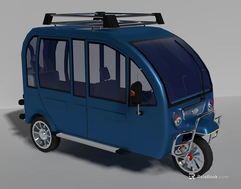 Blue Electric Tricycle With Enclosed Cabin Roof Rack And Passenger Seats 3d model 