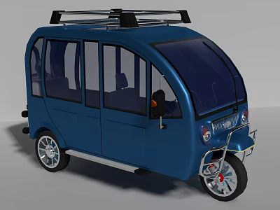 Blue Electric Tricycle With Enclosed Cabin Roof Rack And Passenger Seats 3d model