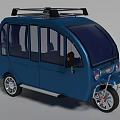 Blue Electric Tricycle With Enclosed Cabin Roof Rack And Passenger Seats