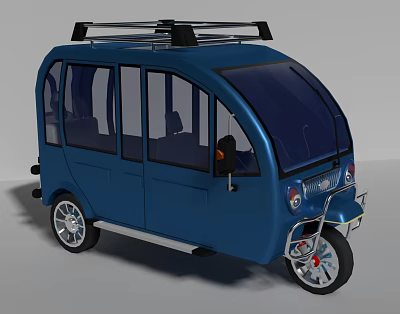 Blue Electric Tricycle With Enclosed Cabin Roof Rack And Passenger Seats 3d model
