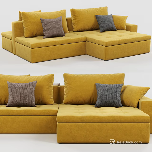 Modern Yellow Velvet Sectional Sofa Set With Gray Decorative Pillows 3d model