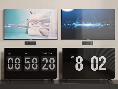 Modern TV Screens Displaying Dynamic Visuals And Digital Clock Time 3d model
