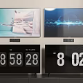 Modern TV Screens Displaying Dynamic Visuals And Digital Clock Time