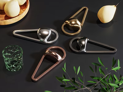 Modern Metal Furniture Handles In Gold Silver Copper With Pears Glass Cup And Green Leaves 3d model