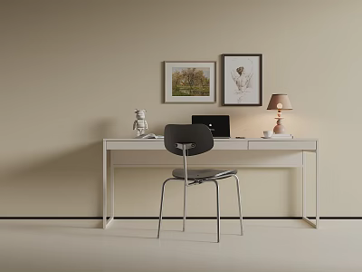 Minimalist White Desk Setup With Black Chair Laptop Framed Pictures Table Lamp And Small Statue 3d model