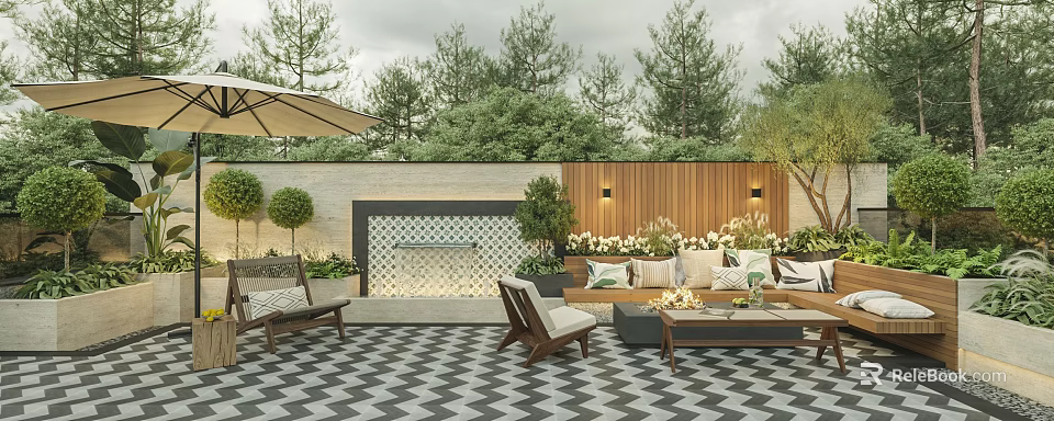 Outdoor Sofa With Plush Cushions On Checkerboard Tiles Surrounded By Green Trees And Wooden Wall 3d model 