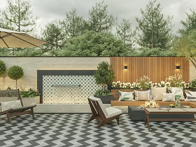 Outdoor Sofa With Plush Cushions On Checkerboard Tiles Surrounded By Green Trees And Wooden Wall 3d model