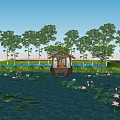 Picturesque Waterfront Landscape With Lotus Leaves Flowers Thatched Pavilions And Lush Trees